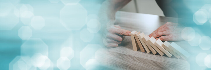 Concept of business control by stopping domino effect; panoramic