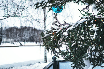 Christmas balls on fir branches in winter. New Year decorations and festive lights on a city street, magic of the holiday. Winter and seasonal concept