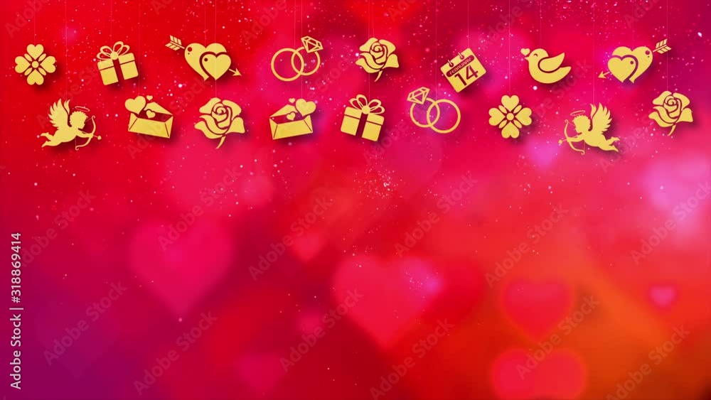 Poster happy valentine theme decoration motion particles animation with drop down graphic icons associated 