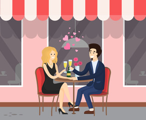 Girl and guy on cafe summer terrace having romantic date vector. Couple drinking champagne or wine at table outdoor near restaurant, flowers in vase