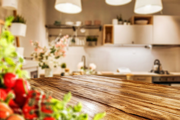 Desk of free space and kitchen interior 