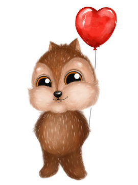 Cute little chipmunk with big red heart balloon. Hand drawn Valentine's Day illustration