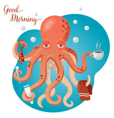 tired octopus with cup of coffee in the morning , vector cartoon illustration © Наталья Пшеничная
