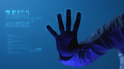 The person clicks on the fingerprint scanner, which is executed in the style of the digital future. The digital world and technology. Security scanning of digital programs and fingerprint biometrics