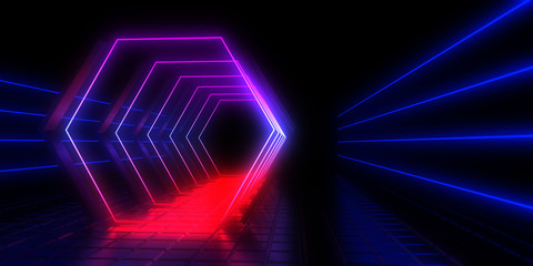 3D abstract background with neon lights. neon tunnel.3d illustration