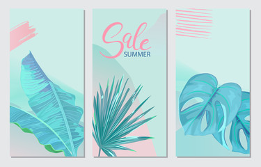 Fototapeta na wymiar Set of tropic backgrounds with palm leaves for summer party, spa, greeting cards, wedding. Abstract hawaii frame. Vector illustration
