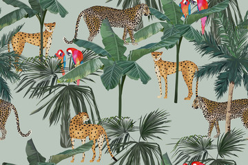 Fototapety  Tropikalny wzór z palmami, papugami i lampartami. Letnia dżungla tło. Ilustracja wektorowa rocznika. Krajobraz lasów deszczowych