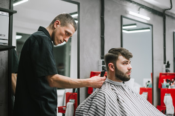 Portrait of bearded client cutting hair at hairdresser in men's hairdresser, barber shaves neck trimmer with serious face. Male hairdresser doing stylish hairstyle to bearded man