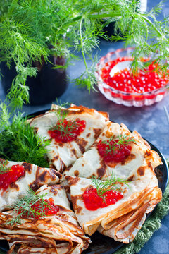 Low Carb Pancakes With Caviar And Fresh Herbs, Selective Focus