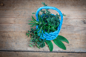 Branches of rosemary, oregano, sage and thyme in a little basket on a wooden surface