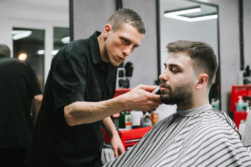 Obraz premium Professional barber with a hair clipper in his hand makes a beard hairstyle for the client. Man receives a service in a barber shop, hairdresser is engaged in the correction of his beard.