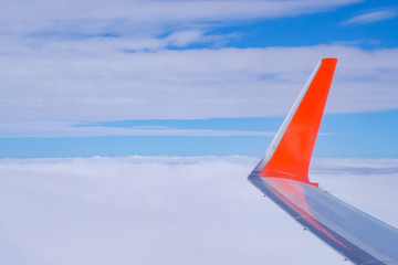 Beautiful above blue sky panoramic view from the window of an airplane flying. Feeling freedom and new inspiration. Skyline background with copy space.