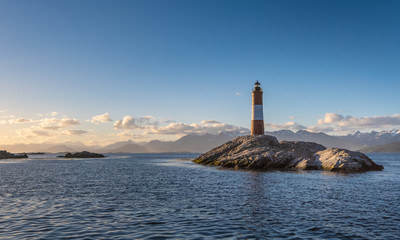 Les Eclaireurs Lighthouse (the Scouts) a lighthouse standing on the northeastern-most island in the Beagle Channel, near Ushuaia, Tierra del Fuego, Argentina.