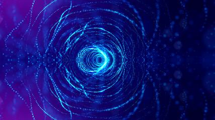 Microworld or sci-fi theme. 3d rendering background of glowing particles that form curved lines and 3d surfaces, grid with depth of field, bokeh. Blue version 7