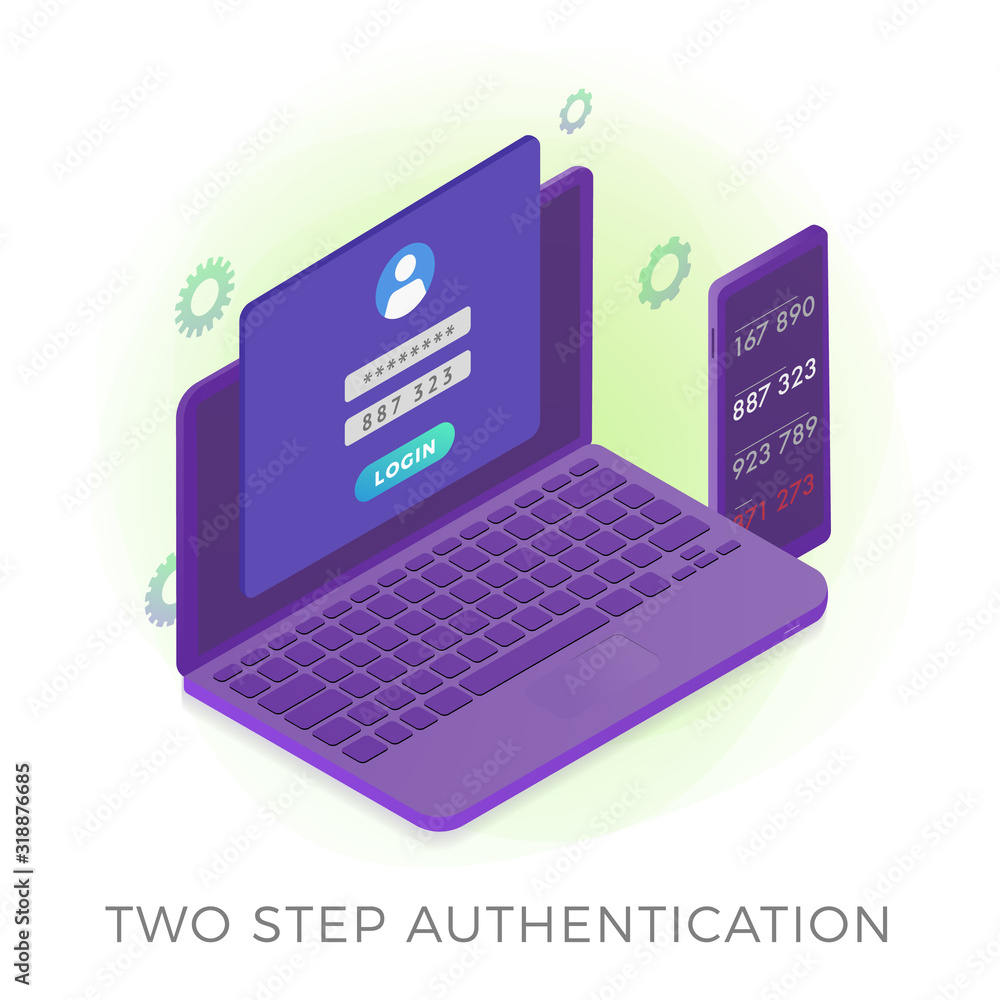 Poster 2fa two step authentication - 2 steps verification secure password concept. isometric laptop and sma