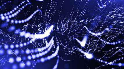3d rendering of glow particles that fly in air as science fiction of microcosm or macro world or sci-fi. Abstract composition with depth of field and glow in dark with bokeh effects. Blue