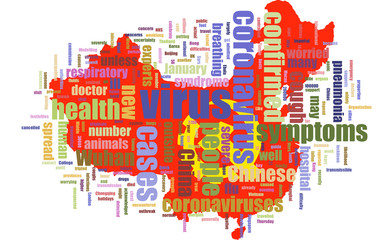 Wuhan coronavirus pandemic concept in word tag cloud on China map isolated on white background. Coronavirus 2019-nCoV outbreak.