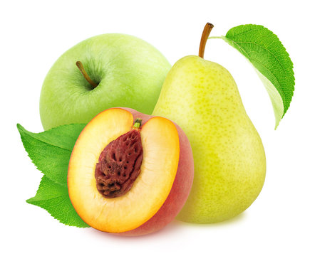 Composition with whole and cutted fruits: apple, peach and pear isolated on a white background.