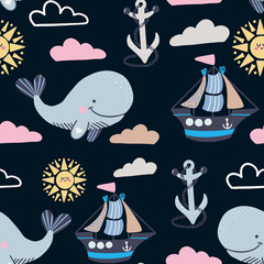 Childish texture for fabric, textile,apparel. Seamless cute pattern with hand drawn whale, clouds, sun, anchor, ship. Decorative cute wallpaper, good for printing. Cute sea vector objects background.