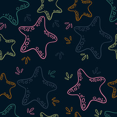 Childish texture for fabric, textile,apparel. Seamless cute pattern with hand drawn line art starfish. Decorative cute wallpaper, good for printing. Cute sea vector objects background.