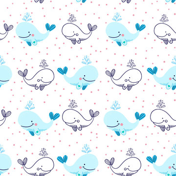 Childish texture for fabric, textile,apparel. Seamless cute pattern with hand drawn whale, dotted background. Decorative cute wallpaper, good for printing. Cute sea vector objects background.