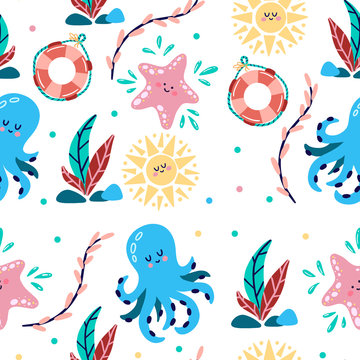 Childish texture for fabric, textile,apparel. Seamless cute pattern with hand drawn octopus, sun, lifebuoy, starfish. Decorative cute wallpaper, good for printing. Cute sea vector objects background.