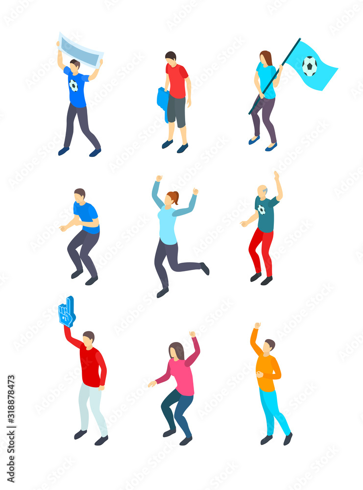 Poster People Fans Football 3d Icon Set Isometric View. Vector