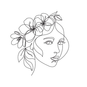 Woman face with flowers one line drawing. Continuous line drawing art. Flower bouquet in woman head single line art. Vector line illustration. Nature cosmetics. Minimalist Black White Drawing Artwork