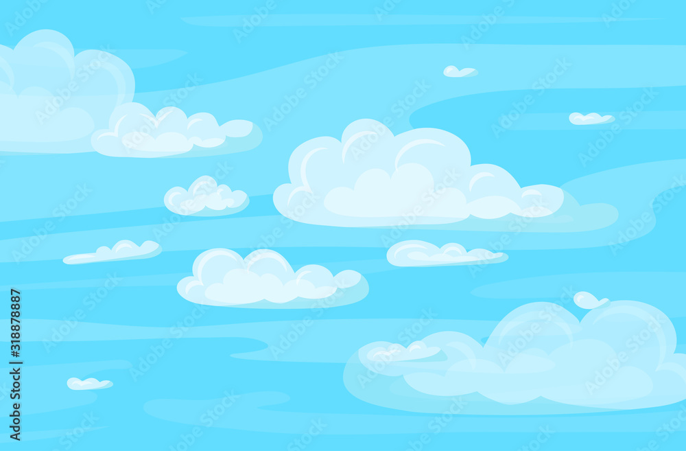 Poster Cartoon Color Blue Sky and Clouds Card Background Concept. Vector