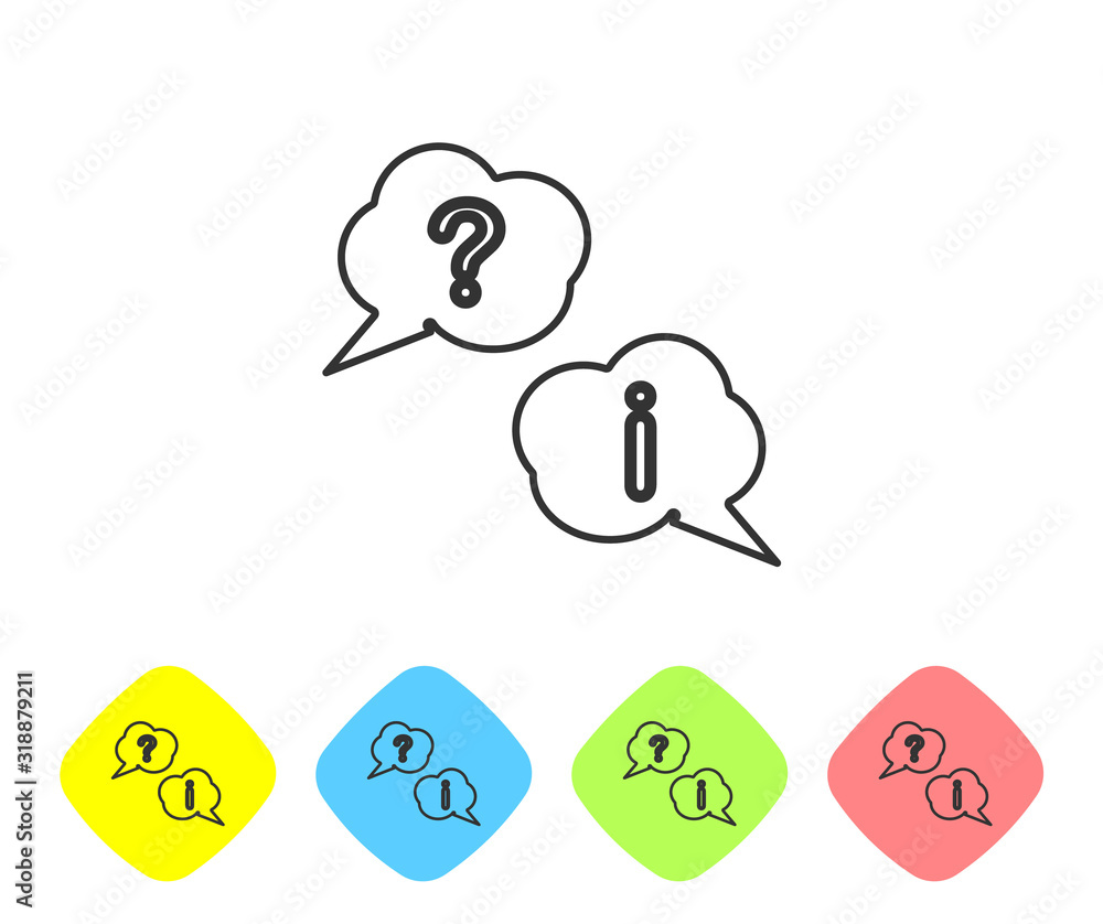 Poster grey line speech bubbles with question and exclamation icon isolated on white background. faq sign. 