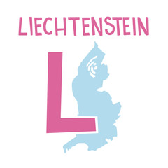  ABC Liechtenstein Vector. Letter L and country Liechtenstein. Idea for alphabet, coloring, creativity, stationery, business accessories.