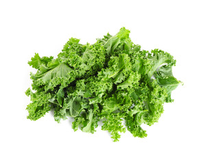 Obraz premium Fresh green kale leaves isolated on white, top view