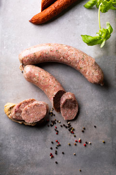 Homemade White Steamed Sausage On Stony Worktop, Top View.