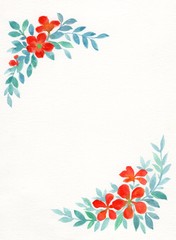 Hand watercolour painted orange flowers and blue leaves frame border. botanical illustration for graphic design, card, poster and etc.