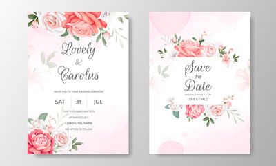 Obraz premium Floral wedding invitation card template set with beautiful flowers border 
