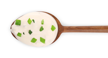 Fresh sour cream with onion on white background, top view