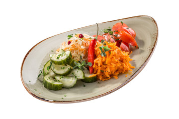 Pickled vegetables cucumber, tomato, carrot, cabbage Preserved food isolated on white background