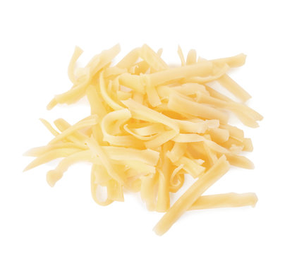 Pile of grated cheese isolated on white, top view