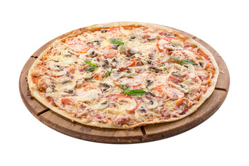 whole pizza with mushrooms, ham and cheese on wooden board isolated on white background