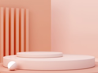 Obraz na płótnie Canvas Minimal scene with podium and abstract background. Geometric shapes. Pastel colors scene. Minimal 3d rendering. Scene with geometrical forms and textured background for cosmetic product. 3d render. 