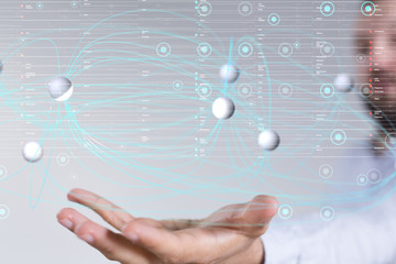 Molecules technology with polygonal shapes on dark blue background.