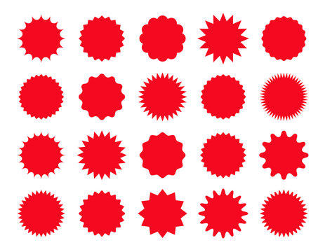 Starburst sticker. Vector. Star burst price icon. Round sale tag badge. Circle sale buttons. Sunburst label isolated on white background. Set red shapes. Color illustration. Simple empty wave pricetag