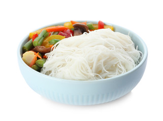 Tasty cooked rice noodles with vegetables isolated on white