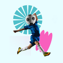 Creative sport and geometric style. Football, soccer player in action, motion on blue background. Negative space to insert your text or ad. Modern design. Contemporary colorful and bright art collage.