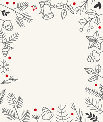 Hand drawn Christmas greeting card template. Vector card with doodling elements