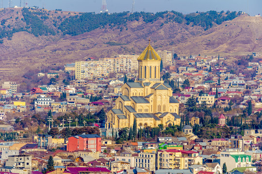 Holy Trinity Cathedral in Tbilisi in winter 2020. Bird's eye view