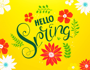 Hello spring vector card with calligraphic inscription