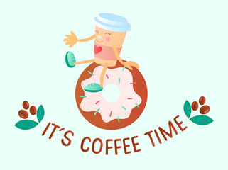 It's coffee time concept vector illustration. A cup of coffee sits on a donut.