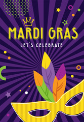 Mardi Gras party greeting card or invitations. Carnival background for traditional holiday or festival with traditional masks on abstract background © jennylipmic