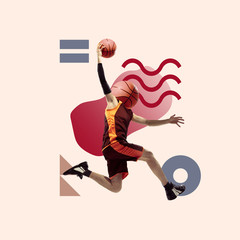 Creative sport and geometric style. Basketball player in action, motion on pink background. Negative space to insert your text or ad. Modern design. Contemporary colorful and bright art collage.